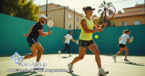 Pemain sedang asyik bermain olahraga padel tennis di lapangan modern